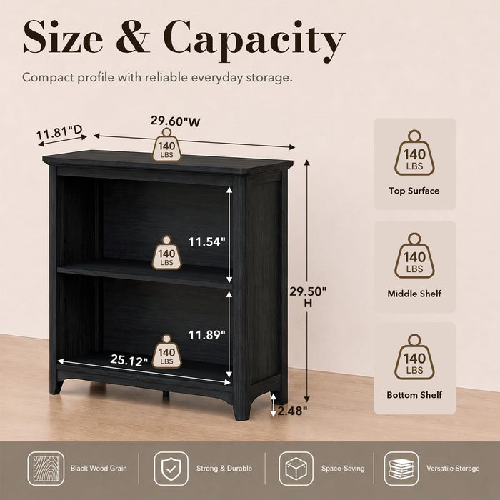 Bookcase, Open Storage Book Cases/Shelves, Floor Standing 2 Shelf Bookshelf for Farmhouse Living Room, Library Office, Bedroom, Kids (Black Oak, 30 In)