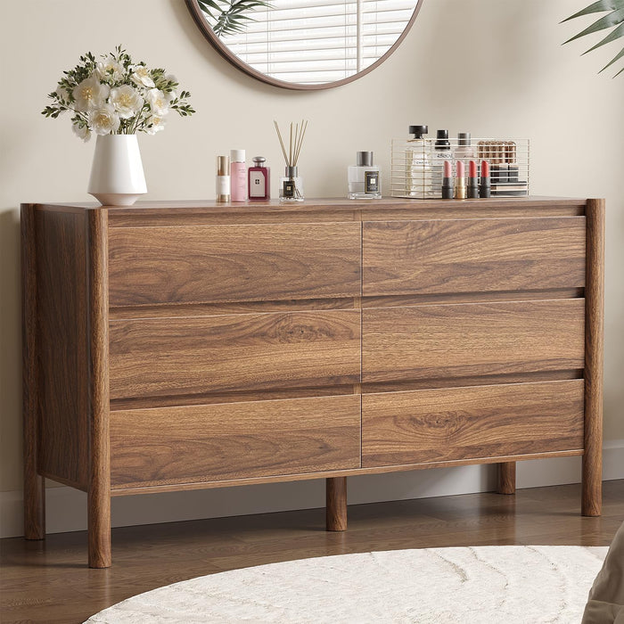 Walnut 6 Drawers Dresser for Bedroom, 47.2" Wide Mid Century Modern Chest of Drawers with 4 Solid Wood Cylindrical Legs and Large Storage Space, Large Dresser for Bedroom