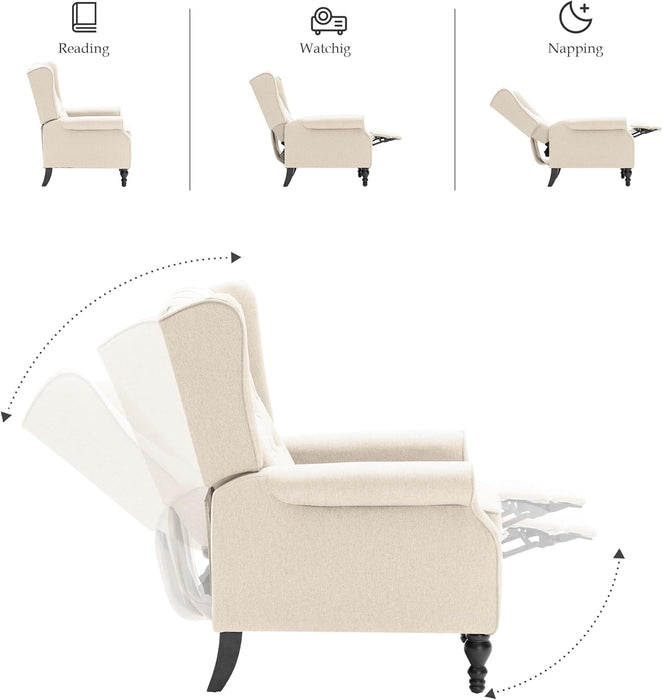 Mid Century Wingback Recliner Chair for Adults, Modern Linen Fabric Push Back Recliner Chairs with Button Tufted Upholstered Back & Footrest, Manual Recliner Chais for Living Room, Nursery, Beige