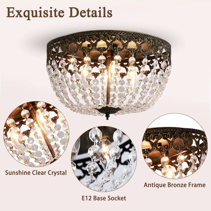 15" Vintage Ceiling Light, 4-Lights Bronze Crystal Flush Mount Chandelier Light Fixture, Antique Ceiling Lamp for Living Room Bedroom Dining Room Kitchen Hallway Locker Room