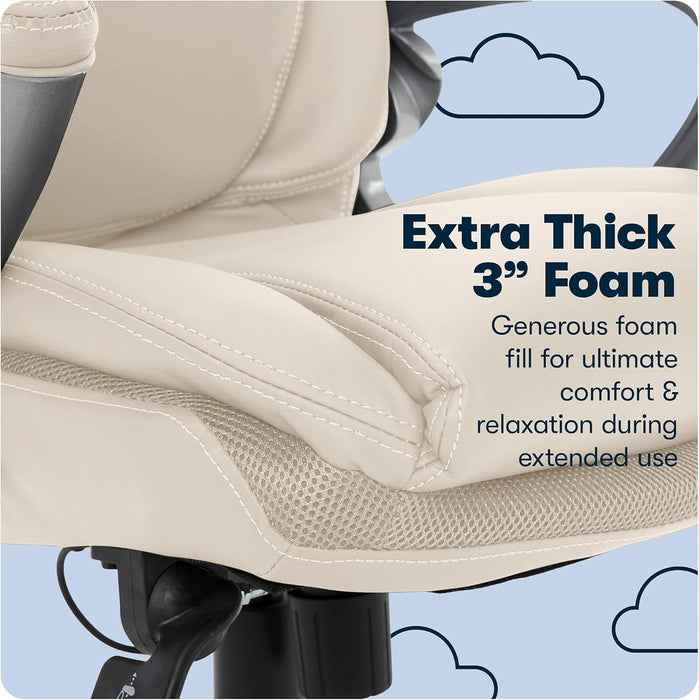Bryce Executive Office Chair, Ergonomic Computer Deskchair with Patented AIR Lumbar Technology, Comfortable Layered Body Pillows for Cushioning, quality Foam, Bonded Leather, Cream White
