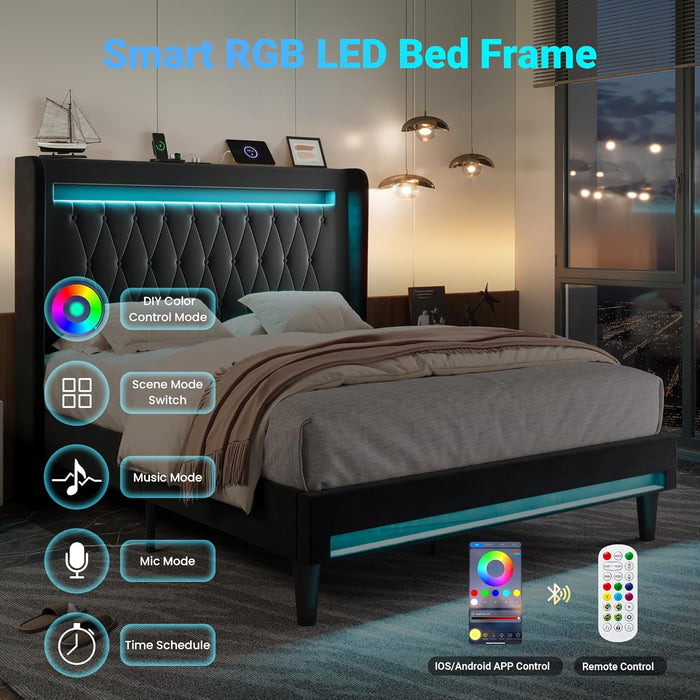 Upholstered Full Size Platform Bed Frame with LED Light and Charging Station, Button Tufted High Headboard, Wingback Design, Noise Free, Easy Assembly, No Box Spring Needed, Black