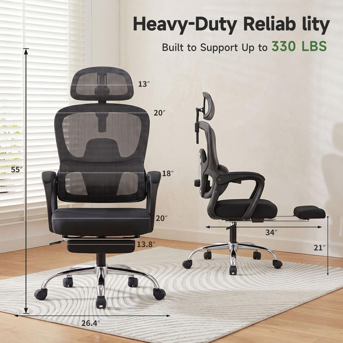 Ergonomic Office Chair with Footrest, 90-145° Reclining Desk Chair