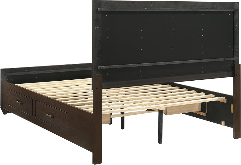 Home Furnishings - Kauffman - Wood - Queen Platform Bed with Horizontal Planked Headboard, 4 Drawers, and Side Storage - Bedroom - Dark Cocoa - 204390Q
