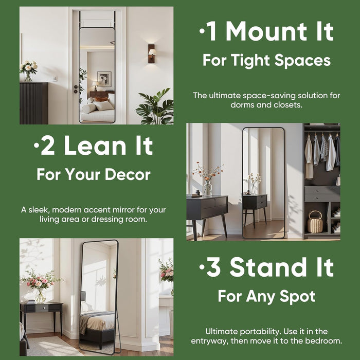 48"X14" Door Hanging Full Length Mirror, Floor Mirror Freestanding,Full Body Mirrors with Adjustable Stand for Bedroom Living Room Cloakroom, Rounded Rectangle, Black