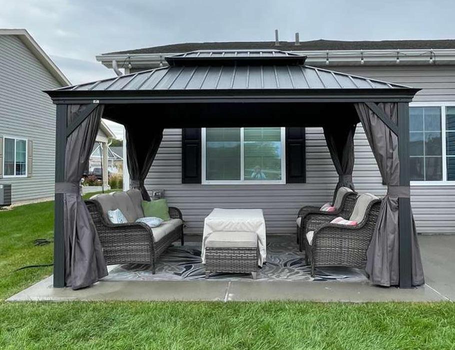 10' X 13' Hardtop Gazebo Aluminum Permanent Gazebo with Galvanized Steel Double Roof for Patio Lawn and Garden, Curtains and Netting Included, Grey