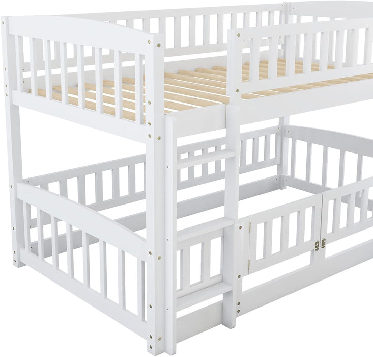 Bunk Bed Twin over Twin with Slide and Stairs, Twin Bunk Bed for Kids, Girls, Boys, Floor Bunk Bed with Fence and Door, White