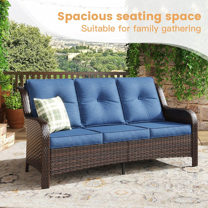 9 Piece Outdoor Patio Furniture Sets,Wicker Conversation Set with 3-Seat Sofa,2 Swivel Chair,2 Side Tables,2 Ottomans,1 Fire Table and 1 Lover Sofa for Garden,Brown Rattan Blue Cushion