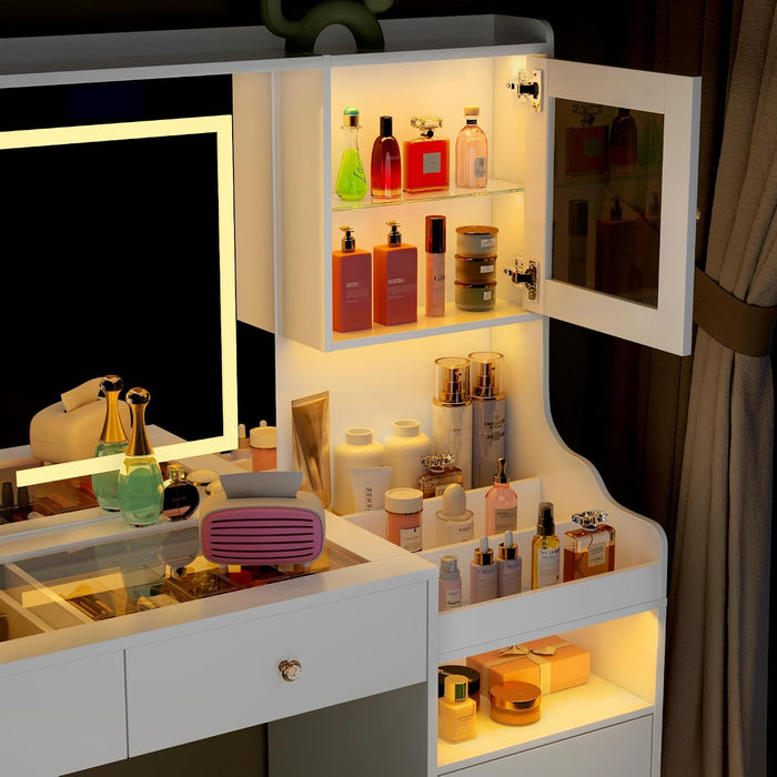 62" Large White Vanity Desk with Glass Top, Makeup Vanity with Mirror and LED Lights, One Piece Controls 3 Lighting Modes, 4 Drawers Vanity with 2 Cabinets and Power Outlet for Women, Girls