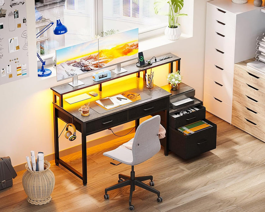 48-Inch Computer Desk with Fabric File Cabinet and Fabric Drawers, Reversible Office Desk with LED Strip and Power Strip, Gaming Desk with Monitor Riser, Writing/Study Table for Home, Oak Grey