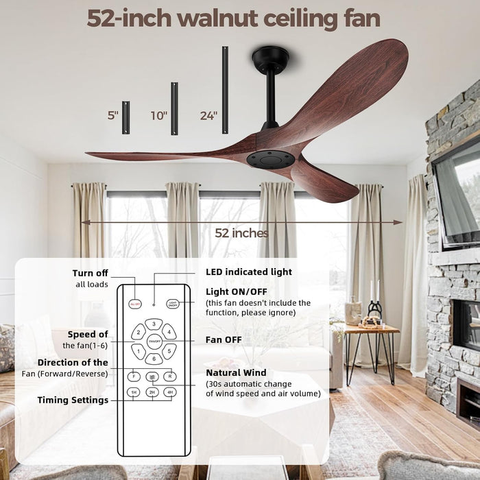 Ceiling Fan No Light, 52 in Outdoor Ceiling Fans with Remote Control without Light, 3 Blades, 6 Speed Reversible DC Motor Modern for Patios, Kitchen, Bedroom, Porch