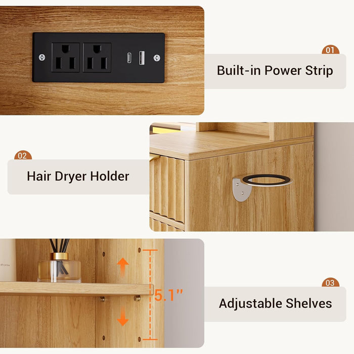 Fluted Makeup Vanity with 35.4" Mirror and Lights, 47.2" Large Makeup Vanity Desk with Stool, Dressing Table Set with Charging Station, 3 Drawers, Adjustable Shelves for Bedroom (Nature Oak)