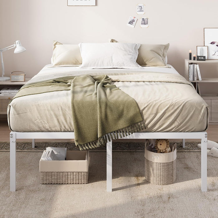 Full Size Bed Frame, 18 Inch Metal Beds with Storage Space, White