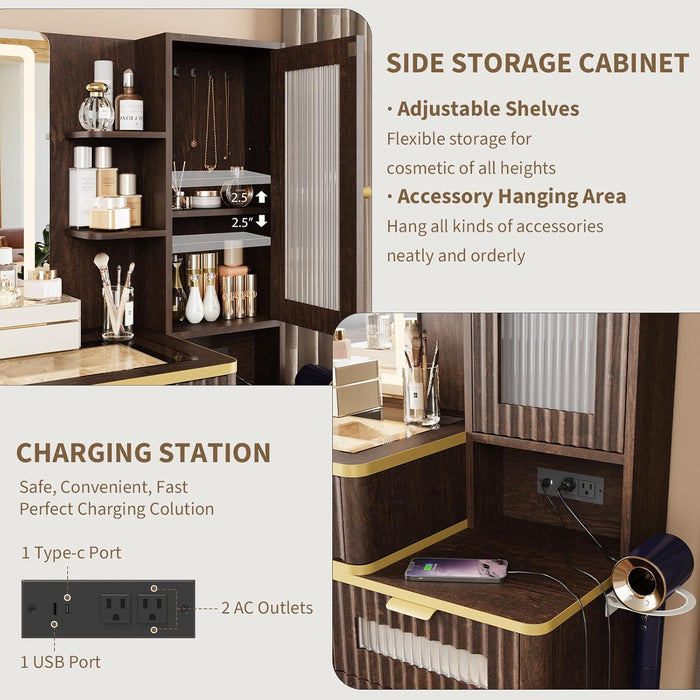 Fluted Makeup Vanity Desk with Mirror and Lighits, 48" Modern Glass Top Vanity Table with Charging Station, Vanity Mirror with Adjustable Brightness, Dressing Table for Bedroom, Dark Walnut