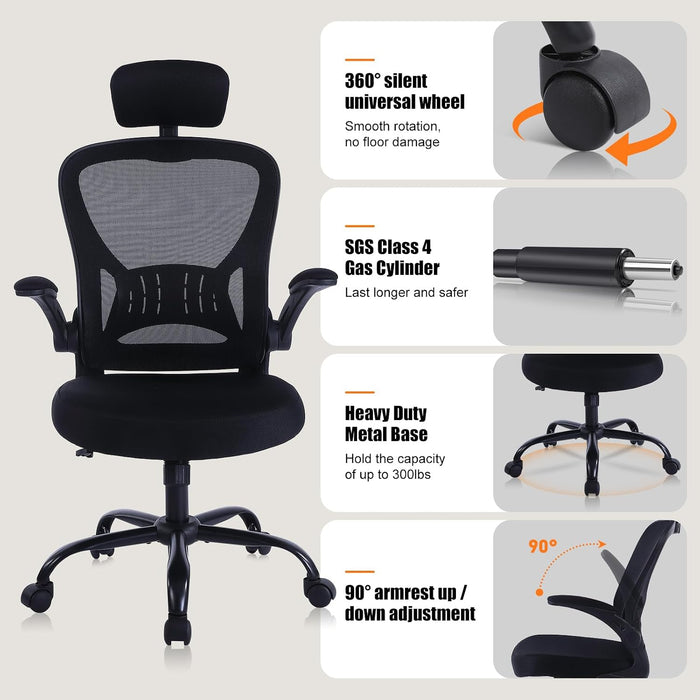 Office Desk Chair with Adjustable Headrest and Flip-Up Armrests