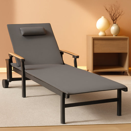 Outdoor Lounge Chair with Pillow, 5-Position Aluminum Chaise Lounge with Wheels & Armrests, 400 Lbs Heavy Duty Patio Pool Chair for Deck, Backyard, Beach & Poolside, Grey