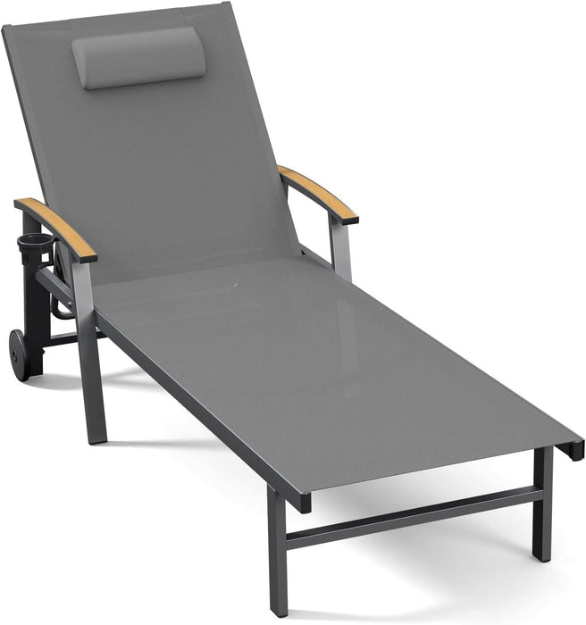 Outdoor Lounge Chair with Pillow, 5-Position Aluminum Chaise Lounge with Wheels & Armrests, 400 Lbs Heavy Duty Patio Pool Chair for Deck, Backyard, Beach & Poolside, Grey