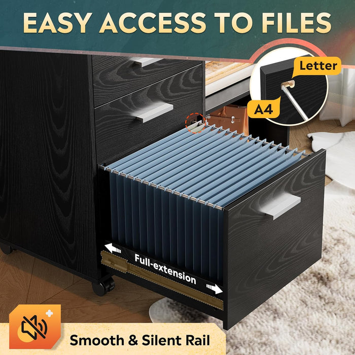 3 Drawer Mobile File Cabinet, Wood Lateral Filing Cabinet, Printer Stand with Open Shelves for Home Office, Black