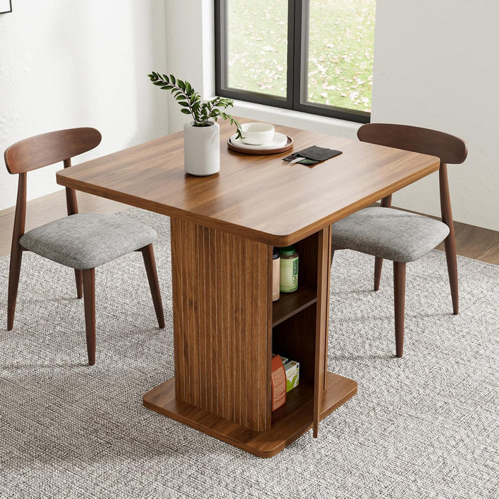 Small Square Dining Table for 2-4, 31.5 Inch Farmhouse Kitchen Table with 2-Tier Storage Shelf, Modern Wood Dinner Furniture with Fluted Doors, Dining Room, Living Room, Space Saving, Walnut
