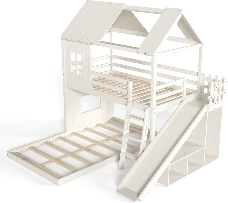 NaturalPineDurable TwinOverFull BunkBed WithSlide StorageChest Playhouse Framework