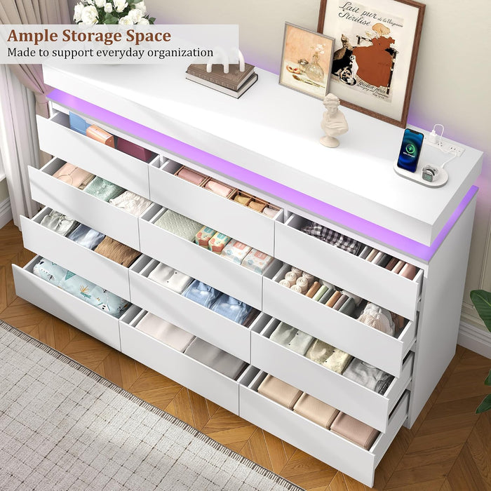 12 Drawer Dresser for Bedroom, 70" Wide 44" Tall Dresser with LED Light & Charging Station, Modern Chest of Drawers for Closet, Living Room, Entryway, Hallway (White, 12 Drawers)