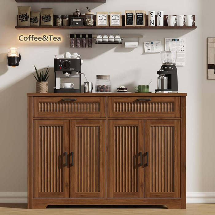 Buffet Cabinet with 2 Storage Drawers, Farmhouse Coffee Bar Table with Storage and Adjustable Shelf, 47.2" Wide Fluted Sideboard Cabinet for Kitchen, Dining Room, Living Room, Entryway, Modern Walnut