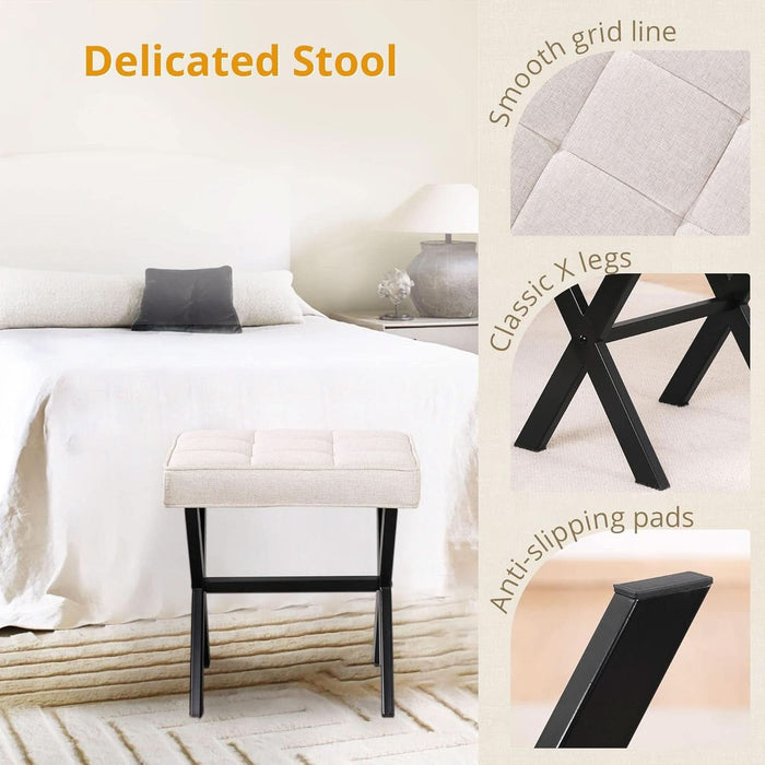 Ottoman Foot Stool Vanity Stool, Square Linen X-Leg Foot Rest Ottoman Makeup Stool, Small Stool Chair for Vanity, Modern Padded Vanity Seat for Makeup Room, Living Room, Bathroom, Linen Color