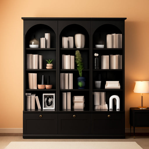71" Tall Triple Wide Bookshelf with Doors, 5-Tier Large Arched Bookcase | with Cabinets, Modern Bookcases with 15 Storage Shelves, Wood Book Shelf for Living Room, Home Office, Black