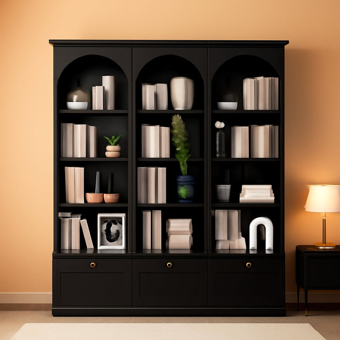 71" Tall Triple Wide Bookshelf with Doors, 5-Tier Large Arched Bookcase | with Cabinets, Modern Bookcases with 15 Storage Shelves, Wood Book Shelf for Living Room, Home Office, Black