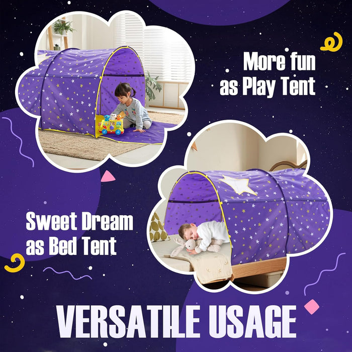 ® Starlight Bed Canopy Dream Kids Play Tents Playhouse Privacy Space Twin Sleeping Indoor Stars Boys Girls Toddlers Pop up Portable Frame Curtains Purple, Patent Pending