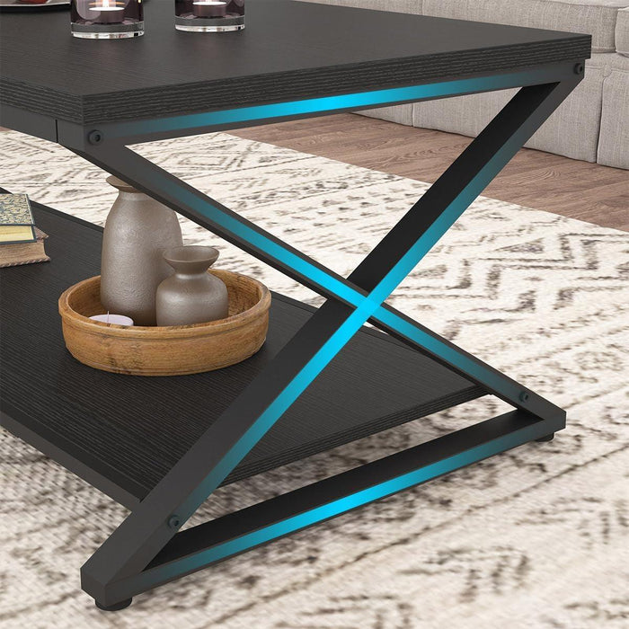 Black Coffee Table Modern, 47 Inch Simple Rectangle Cocktail Table with Storage Display Shelf, 2 Tier Minimalist Industrial Wooden and Metal Center Tea Table for Living Room Office, Black Oak