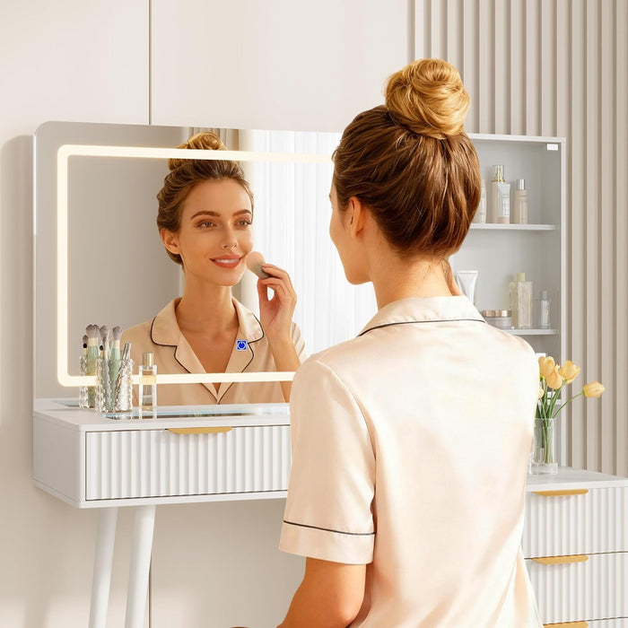 Makeup Vanity Desk with Mirror and Lights, 48" Fluted Makeup Table with Glass Top, Vanity Desk with 5 Drawers, Open Shelf & Power Outlet, Modern Dressing Table for Bedroom Living Room