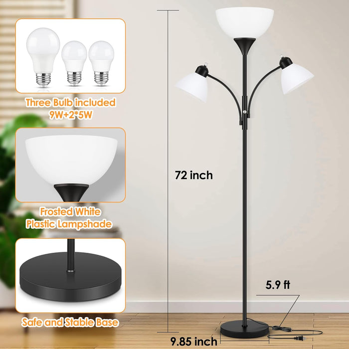 Torchiere Floor Lamps for Living Room,72" Dimmable Lamp with 2 Adjustable Reading Lights for Bedroom, Black Tall Standing Room Lamp, 3 Bulbs Included