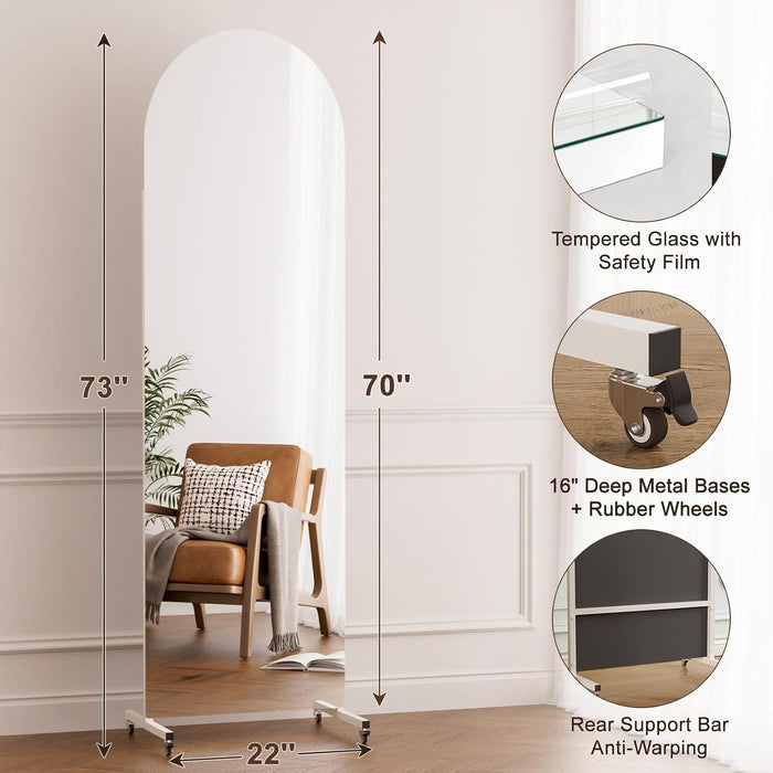 Full Length Stand Mirror on Wheels, Arched, 70X22 In