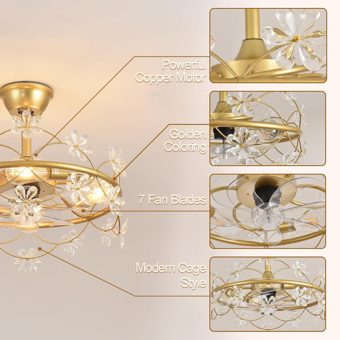Bedroom Ceiling Fan with Lights: 20" Gold Chandelier Small Fan with Remote Control - Modern Flower Fandelier for Girl'S Bedroom Living Room Kitchen