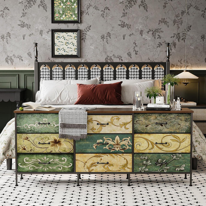 Dresser with Drawers for Bedroom Chest of Drawers Fabric Dresser for Closet,Nursery Entryway Hall Tree TV Stand for Living Room Retro Floral Pattern Drawers Wooden Top (Wide 9 Drawers)