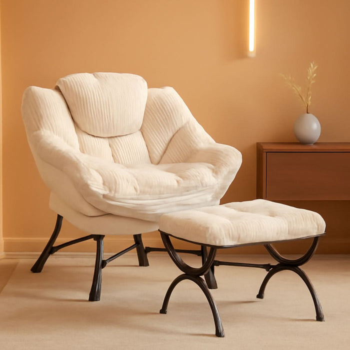 Large Lazy Chair and Ottoman for Adults, Accent Chair Oversized Lounge Armchair with Side Pocket & Footrest, Comfy Reading Chair Leisure Sofa for Bedroom, Living Room, Office (Corduroy, White, Single)