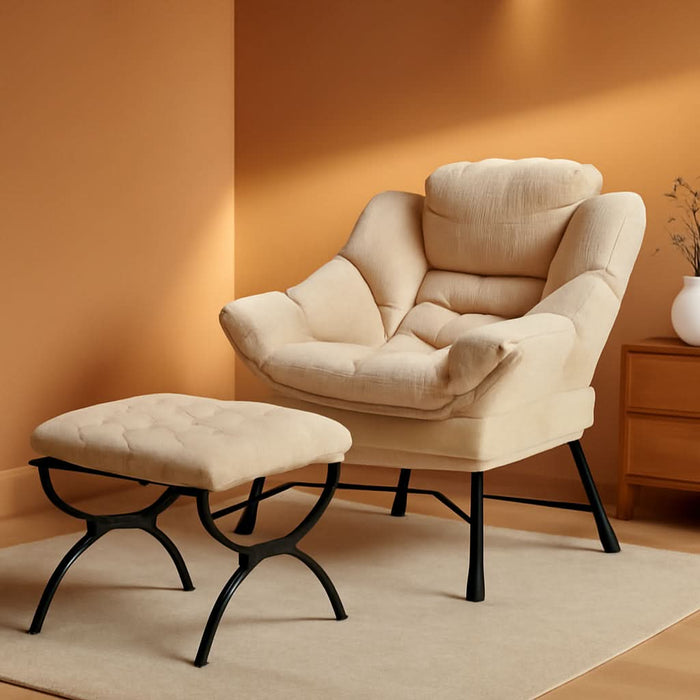 Large Lazy Chair and Ottoman for Adults, Accent Chair Oversized Lounge Armchair with Side Pocket & Footrest, Comfy Reading Chair Leisure Sofa for Bedroom, Living Room, Office (Corduroy, White, Single)