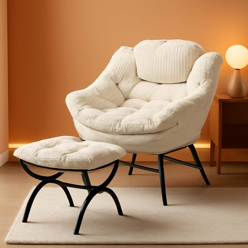 Large Lazy Chair and Ottoman for Adults, Accent Chair Oversized Lounge Armchair with Side Pocket & Footrest, Comfy Reading Chair Leisure Sofa for Bedroom, Living Room, Office (Corduroy, White, Single)