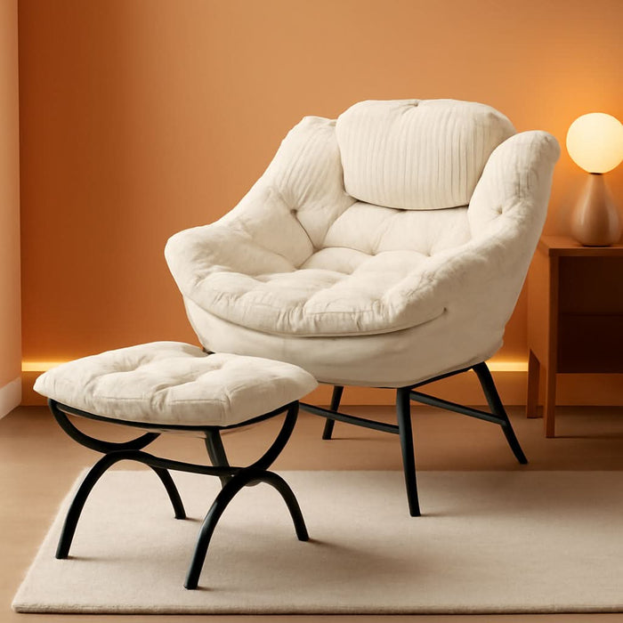 Large Lazy Chair and Ottoman for Adults, Accent Chair Oversized Lounge Armchair with Side Pocket & Footrest, Comfy Reading Chair Leisure Sofa for Bedroom, Living Room, Office (Corduroy, White, Single)