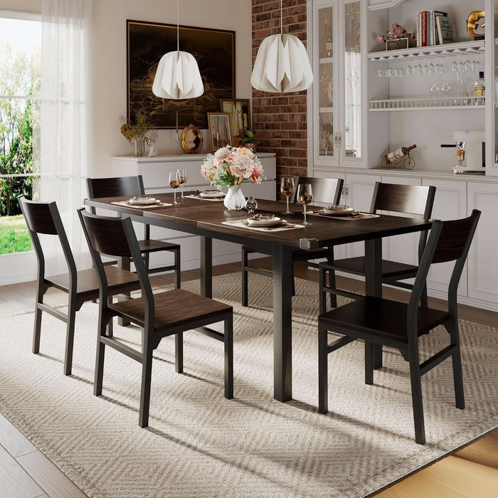 7 Pieces Dining Table & Chairs Set for 4-6, 63" Extendable Kitchen Table and 6 Chairs, Dining Room Table with MDF Board & Metal Frame, Perfect for Small Space, Easy Clean, Espresso