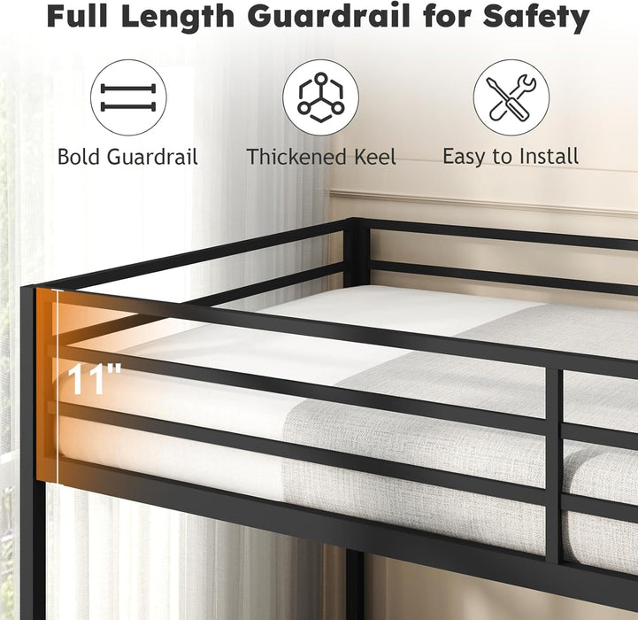 Twin over Twin Bunk Bed, Metal Low Profile Bunkbeds with Full-Length Guardrail and Ladder, Space Saving, No Boxing Spring Needed, Black