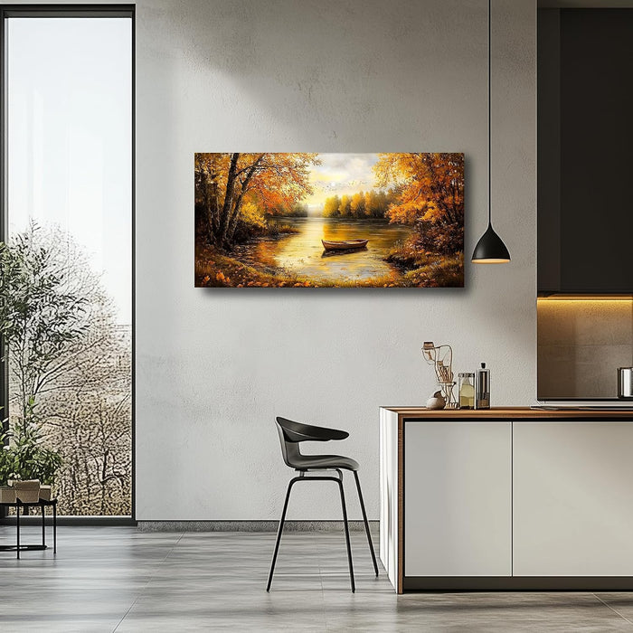 Fall Wall Art, Landscape Wall Art, Large Wall Decor, Lake Boat Forest Canvas Art Prints, Gold Autumn Nature Pictures, Rustic Paintings for Living Room Bedroom Dining Room Office Farmhouse 29"X57"