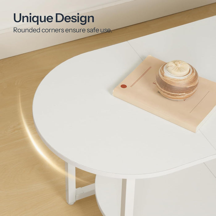 Coffee Table for Living Room, Oval Small Coffee Table with 2-Tier Open Storage Shelf, Industrial Cocktail Tea Table, Wooden Desktop Center Table, Farmhouse, Home Office, White WW09KF01