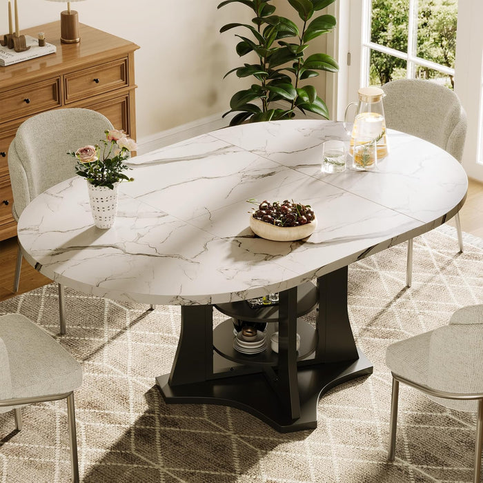 Extendable Dining Table 43To59 WhiteFauxMarble Oval
