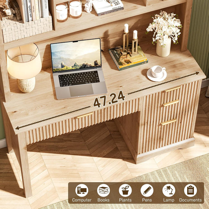 Halitaa Fluted Executive Desk with Drawers, Wood Computer Desk with Ample File Drawer, Home Office Desk with Hutch for Study, Bedroom, Living Room, Oak