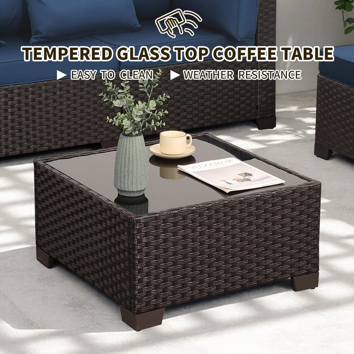 Outdoor Patio Furniture Set 7 Pieces Wicker Sectional Sofa Brown Rattan Conversation Couch with Coffee Table, Anti-Slip Thick Nave Blue Cushion