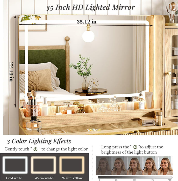 Vanity Desk with 35.12" HD Lighted Mirror, 46.85" Big Modern Vanity Desk with Mirror and Lights, Makeup Vanity with 7 Drawers and Storage Shelves and Charging Station, Oak