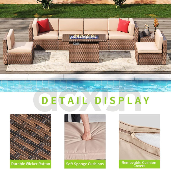 8-Piece Outdoor Patio Furniture Set Outdoor Sectional Wicker Rattan Conversation Set with Propane Fire Pit Table Suitable for Garden, Patio - for People with Small Physiques-8 Piece, Beige