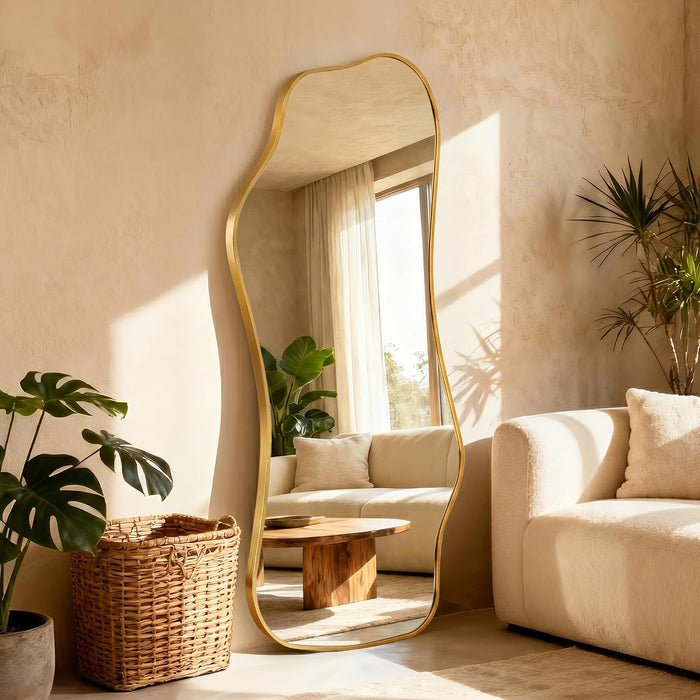 Irregular Full Length with Stand-Standing Leaning Hanging 62.2"X22.8" Gold Asymmetrical Aluminum Frame Decorative Full Body Mirror for Living Room,Bedroom,Cloakroom,Entryway